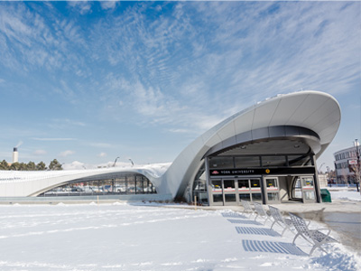 York University's subway station in the winter, covered with snow.