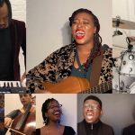 Temeka Williams sings centre surrounded by accompanying musicians