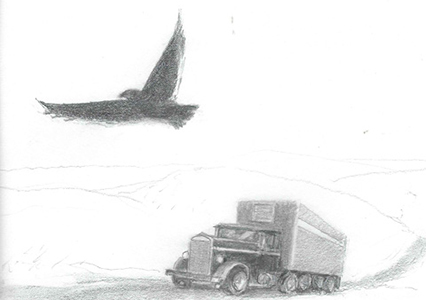 Sketch of a bird flying above a transport truck driving on a winding road.