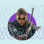 Text "Womxn" over a female video game character who wears facepaint and holds an axe