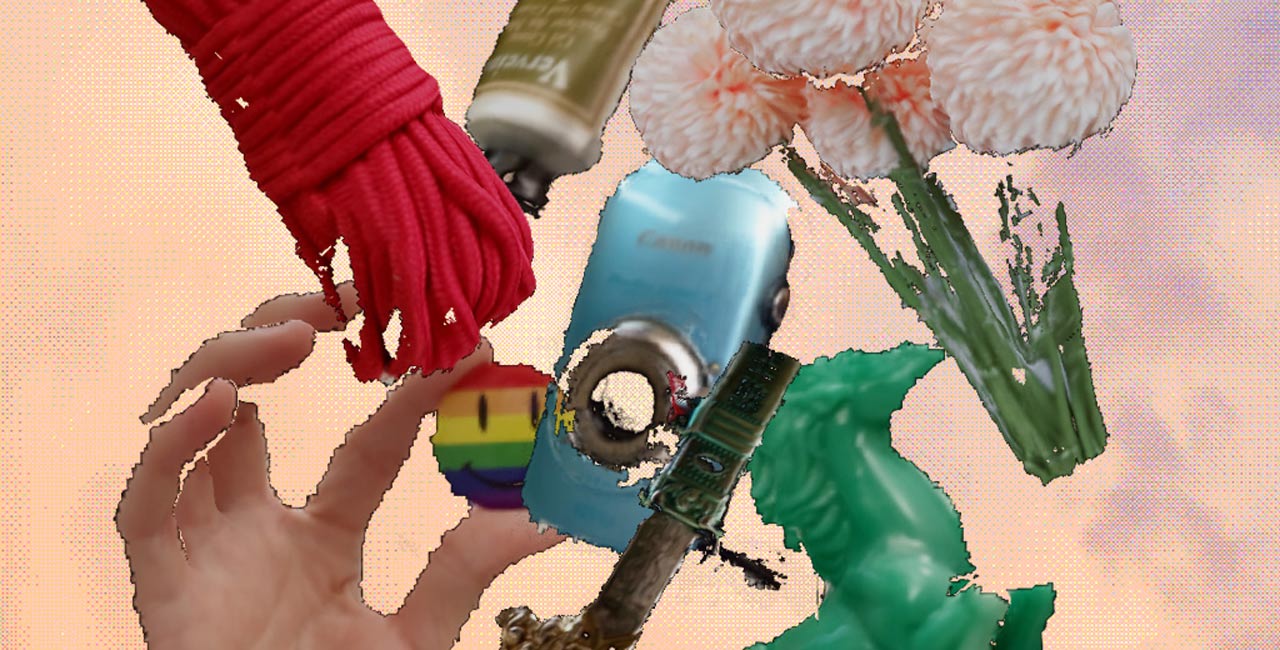 an assortment of 3D scanned objects including a rope a digital camera and a pride pin